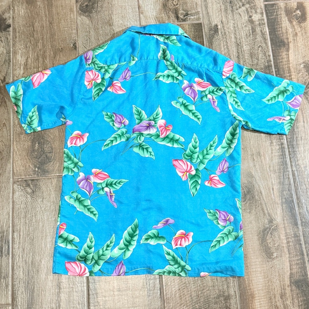 Hilo Hattie Mens VTG 80 Tropical Floral Rayon Hawaiian Aloha Shirt,Blue Pink,L - Picture 6 of 11